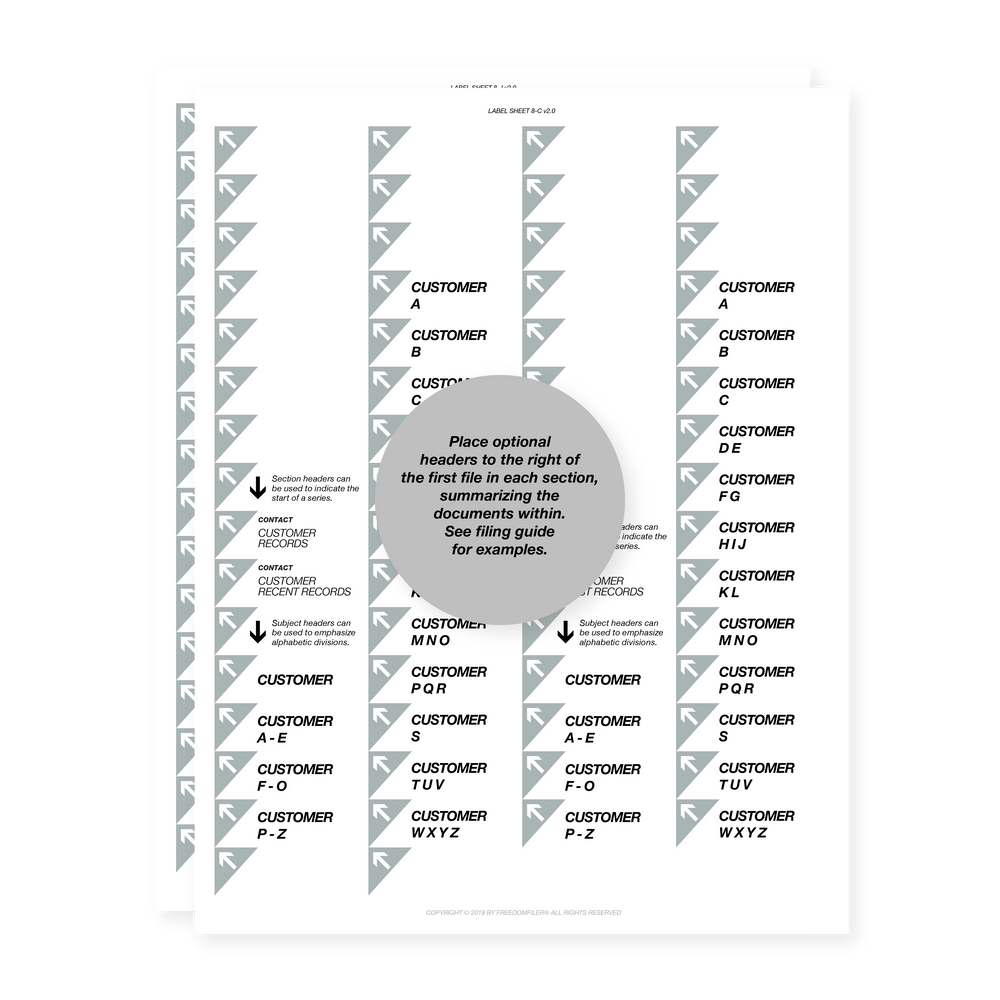 filing system labels, customer & job file, with arrows