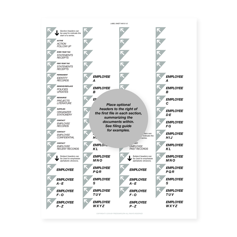 filing system labels, employee file, with arrows