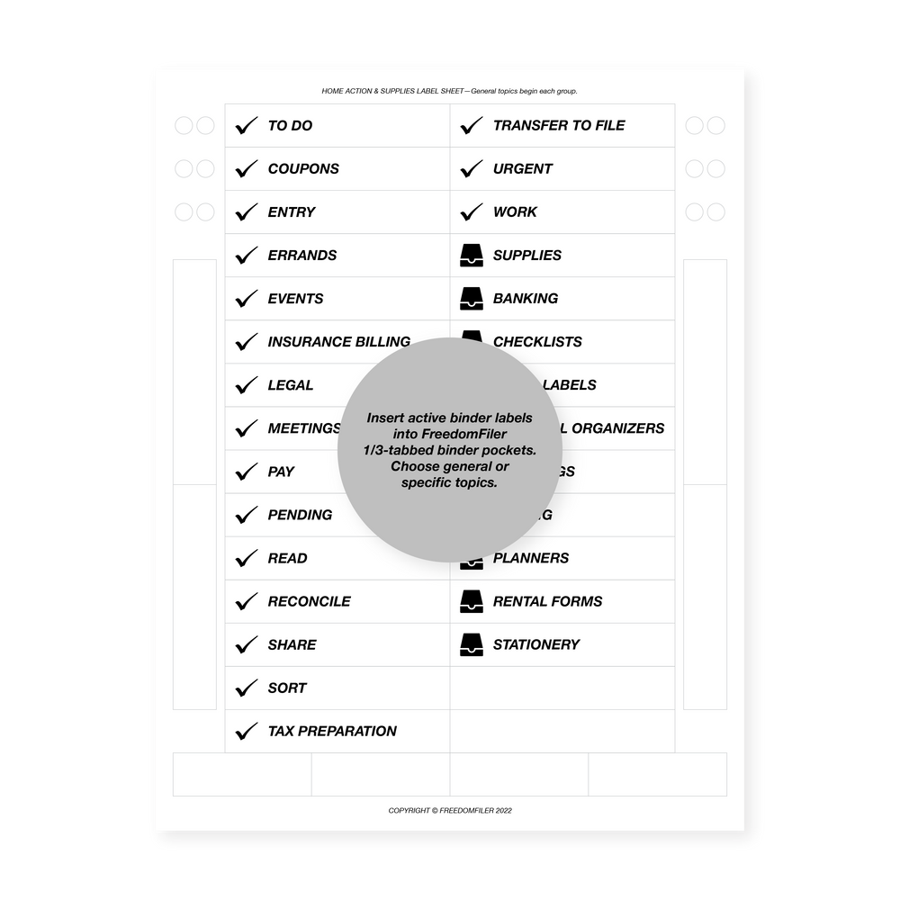 filing system labels, home, active binder, action & supplies